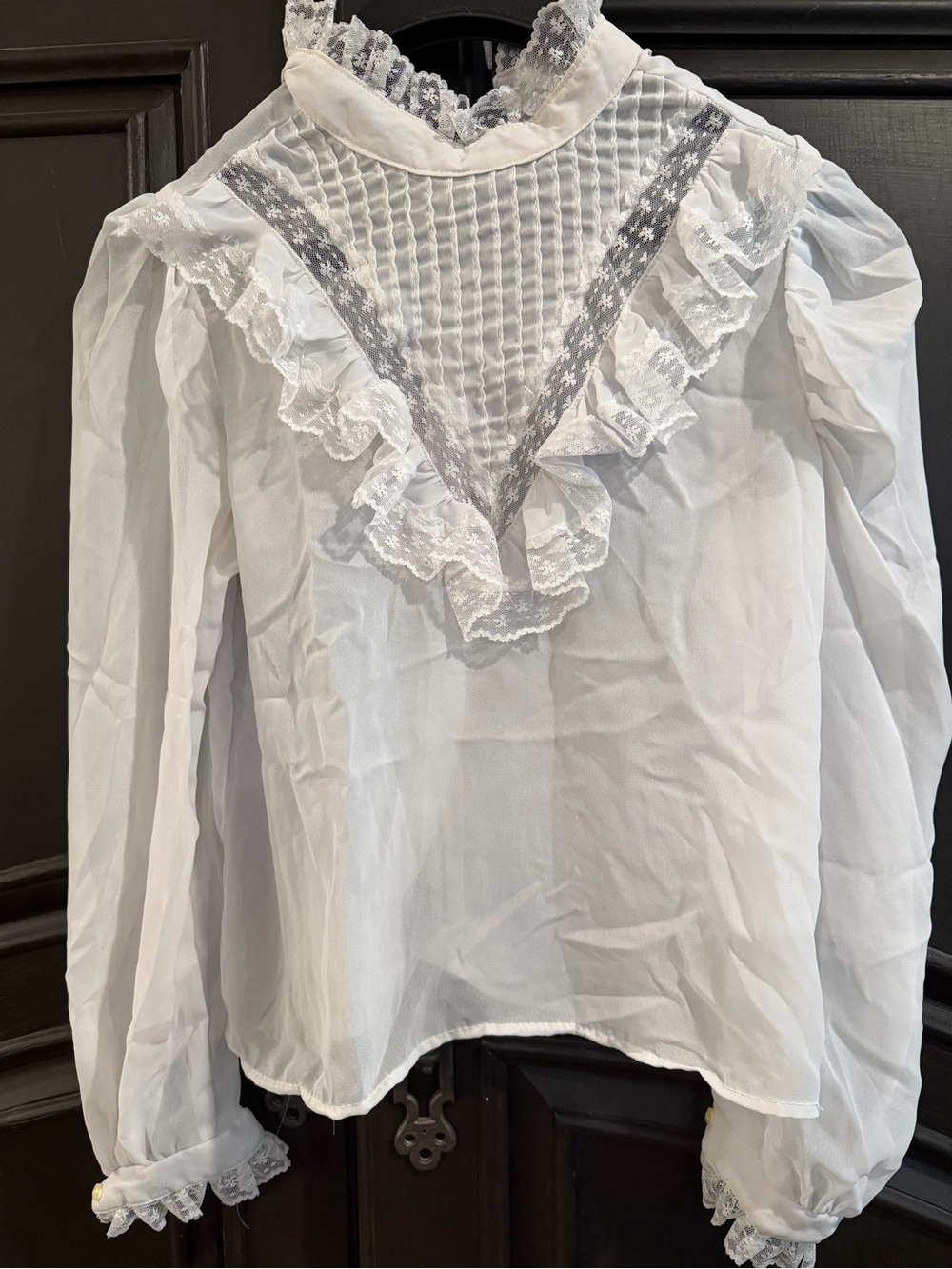 70s/80s Women's White Lace Ruffle Victorian-Inspired Blouse